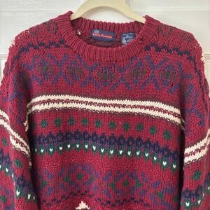 VTG‎ Smith-Forester Chunky Wool Sweater L Maroon Burgundy Fair Isle Knit FLAW